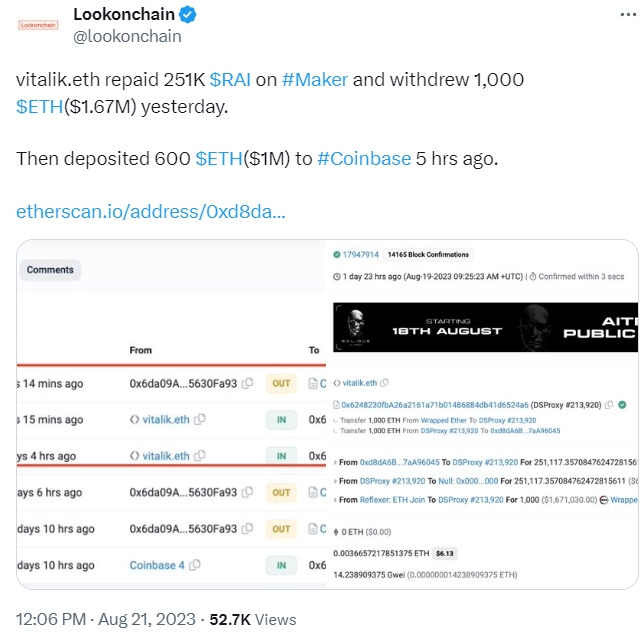 Виталик Бутерин отправил на Coinbase $1 млн в Ethereum